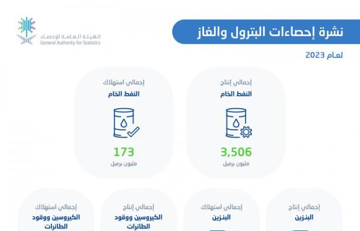 "هيئة الإحصاء "انخفاض إنتاج النفط الخام بنسبة 9,3% في عام 2023