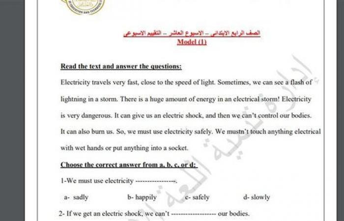 مراجعات نهائية.. أسئلة تقييم الاسبوع العاشر في اللغة الإنجليزية الصف الرابع الابتدائي