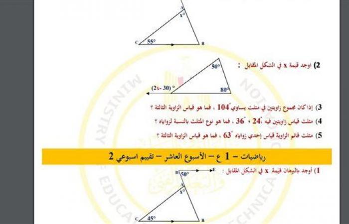 مراجعات نهائية.. أسئلة تقييم الأسبوع العاشر الرياضيات لـ الصف الأول الإعدادي