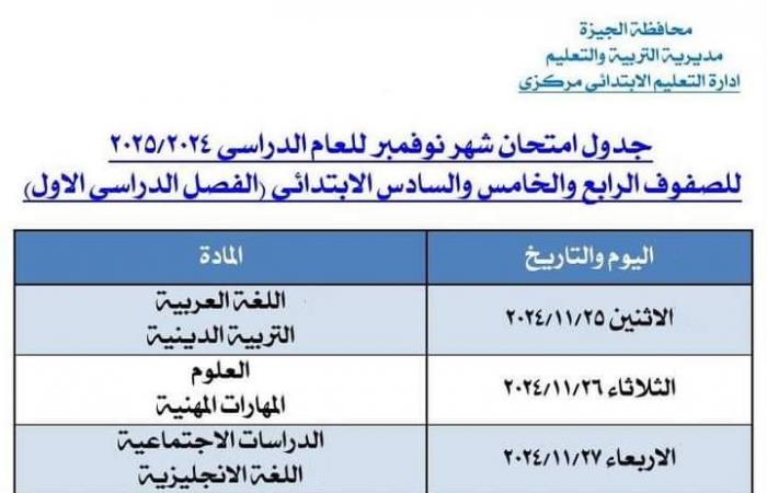 جدول امتحانات شهر نوفمبر لـ الصف السادس الابتدائي بمدارس الجيزة