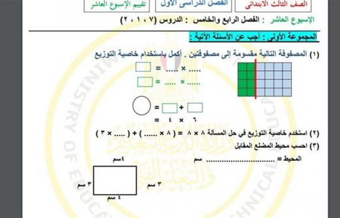 مراجعات نهائية.. أسئلة تقييم الاسبوع العاشر في الرياضيات الصف الثالث الابتدائي