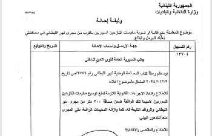 مولوي: لمنع إقامة أو تسوية مخيمات للنازحين السوريين قرب مجرى نهر الليطاني في محافظتي بعلبك الهرمل والبقاع