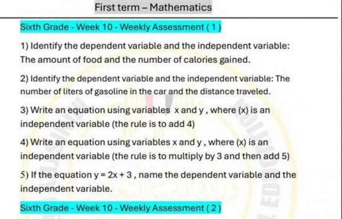 مراجعات نهائية.. أسئلة تقييم الاسبوع العاشر في الرياضيات Math الصف السادس الابتدائي