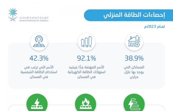 "الإحصاء" تنشر إحصاءات استهلاك الطاقة الكهربائية للقطاع السكني لعام 2023م