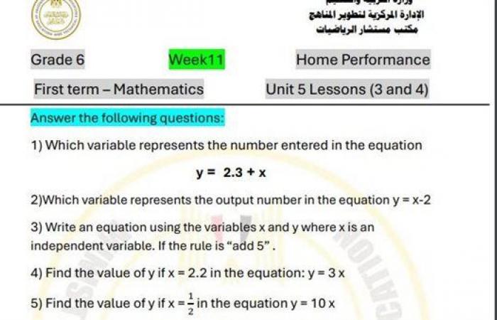 مراجعات نهائية.. أسئلة الآداء الصفي والمنزلي الأسبوع الـ 11 في الرياضيات Math الصف السادس الابتدائي