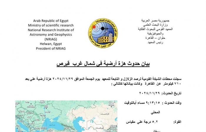 معهد الفلك: زلزال قبرصي بقوة 5.2 درجة على مقياس ريختر يشعر بها سكان القاهرة