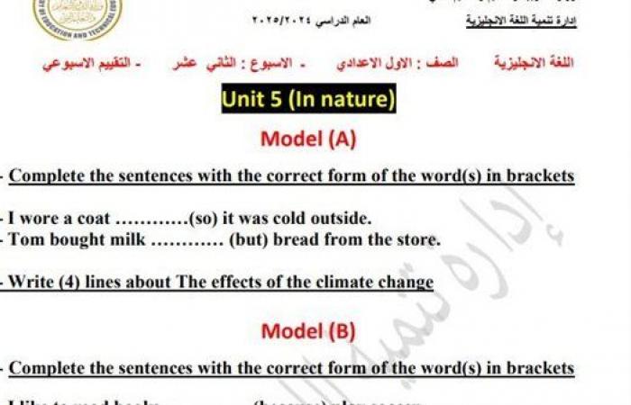 مراجعات نهائية.. أسئلة تقييم الأسبوع الـ 12 لغة إنجليزية لـ الصف الأول الإعدادي