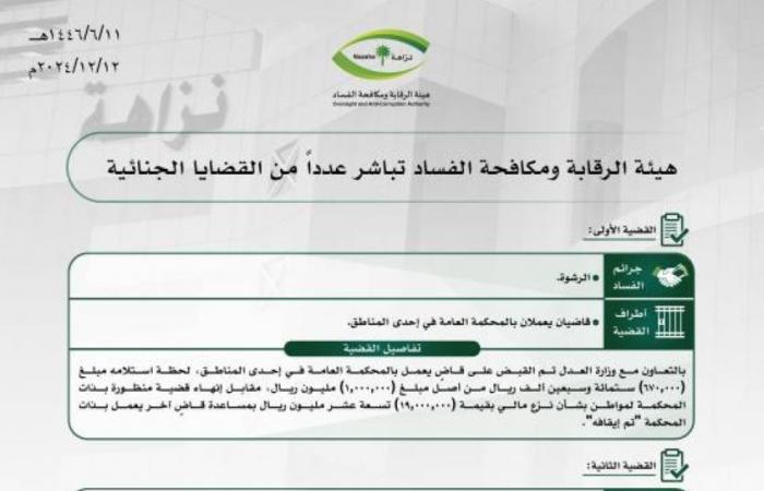 هيئة الرقابة ومكافحة الفساد تباشر عددًا من القضايا الجنائية