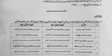 "مجاور" يصدر حركة تغييرات واسعة بين كافة رؤساء المدن بشمال سيناء .. اعرف التفاصيل