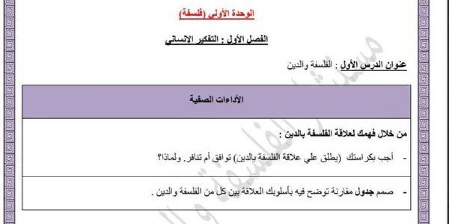 مراجعات نهائية.. أسئلة تقييم الأسبوع الثالث والرابع الفلسفة الصف الأول الثانوي