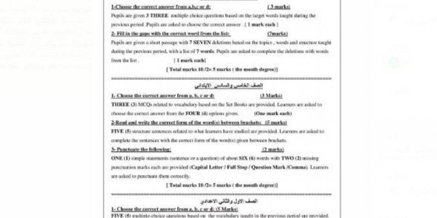 ضوابط امتحان اللغة الإنجليزية للصفين الثالث والرابع الابتدائي